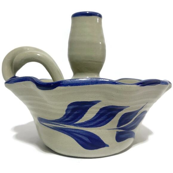 Williamsburg Pottery Finger Candle Holder Blue and Beige 5" Tall - Picture 5 of 12